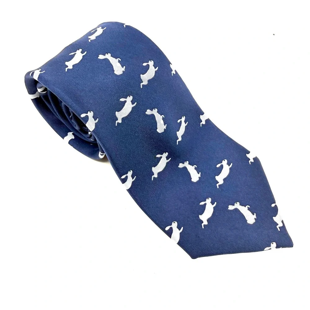 Hermes‎ Paris Mens Silk Tie Navy & Light Blue Rabbit Bunny Animal Print 994 SA
